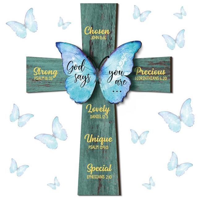 Panelee 11.81 Inch Christian Wood Sign Wood Cross Butterfly Wall Decor Sunflower Bible Verse Wall Sign Bible Theme Inspirational Wood Sign Scripture Hanging Sign for Room Office Kitchen(Cross)