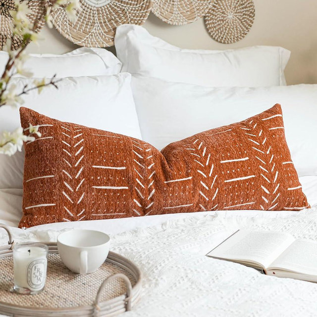 BlissBlush Brick Red Boho Lumbar Throw Pillow Cover 14X36, Decorative Long Accent Body Lumbar Pillow for Bed, Farmhouse Woven Soft Chenille Textured Lumbar Pillowcase for Couch (Cover ONLY)