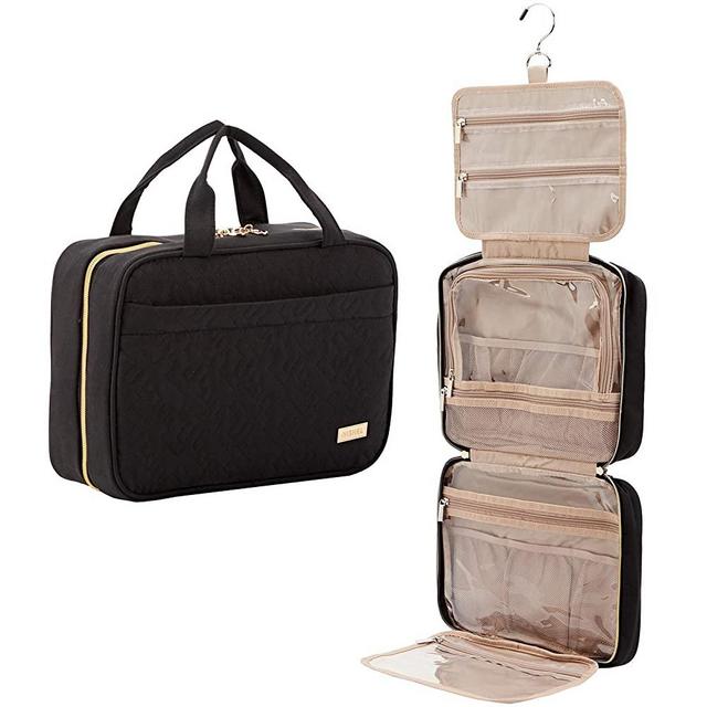 NISHEL Large Hanging Travel Toiletry Bag, Portable Makeup Organizer, Water Resistant Cosmetic Holder for Brushes Set, Full-Sized Shampoo, Conditioner, Accessories, Black