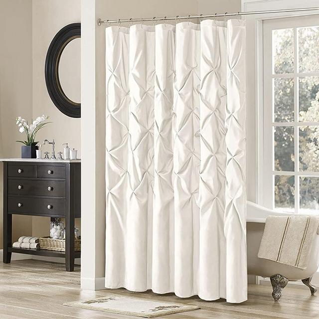 Madison Park Shower Curtain, Geometric Textured Tufted Design Modern Mid-Century Bathroom Decor, Machine Washable, Fabric Privacy Screen, 72x72, White