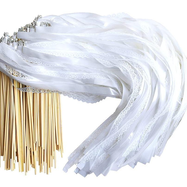 Kingsnow 100 Pieces Lace Wedding Ribbon Wands with Triple Ribbon and Silver Bell Wand Silk Fairy Stick Wand Streamers Party Ribbon Sticks Magic Fairy Wands for Wedding Bridal Shower Photo Prop Send