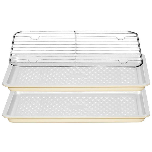 Ymiton Nonstick Ceramic Baking Sheet with Rack, 2-Pack 13x9 Quarter Sheet Pan,(External 10x14), Non-Toxic PTFE & PFOA Free Warp-Free Oven Safe 550°F Dishwasher Safe, Aluminized Steel, Gray Yellow
