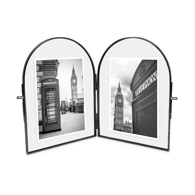 Isaac Jacobs 5x7 Vintage Style, Double-Sided Arched Brass & Glass Metal Floating Picture Frame with Locket Closure (Vertical), Made for Tabletop Display (5x7 Vertical, Black)