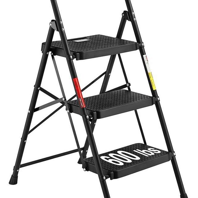 BONTEC 3-Step Ladder, Folding Step Stool with Wide Anti-Slip Pedals, Max Load Capacity 600lbs Sturdy Steel Ladder, Convenient Handgrip, Lightweight Portable Step Stool for Adults, Black