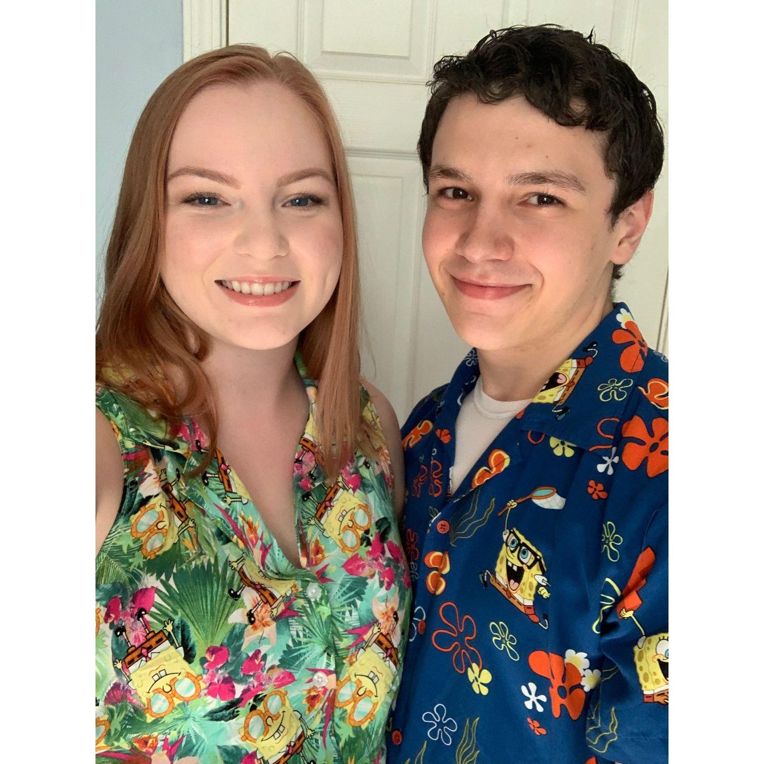 Four year anniversary, with matching Spongebob Hawaiian T-shirts (2020)