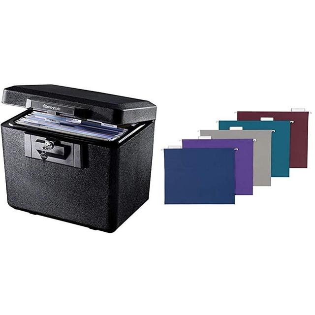 SentrySafe 1170 Fireproof Box with Key Lock 0.61 Cubic Feet,Black & AmazonBasics Hanging Folders, Letter Size, Jewel-Tone Colors (Assorted), 25-Pack