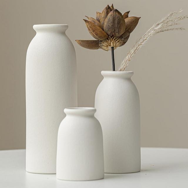 Ceramic Vase Set-3, Small Flower Vases for Decor, Modern Boho Farmhouse Style, Decorative Vases for Pampas Grass & Dried Flowers, Distressed Finish (White)