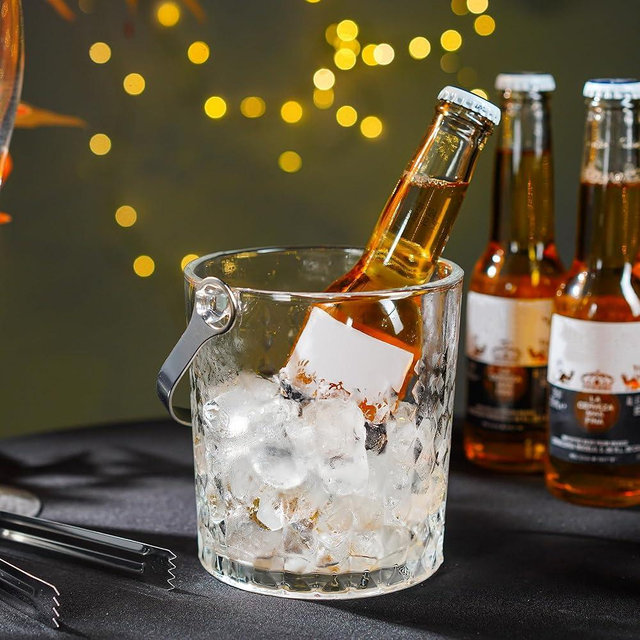 Clear Glass Ice Bucket with Handle and Ice Tong Ice Bucket for Cocktail Bar Accessories Clear Champagne Bucket for Parties（30.4OZ）