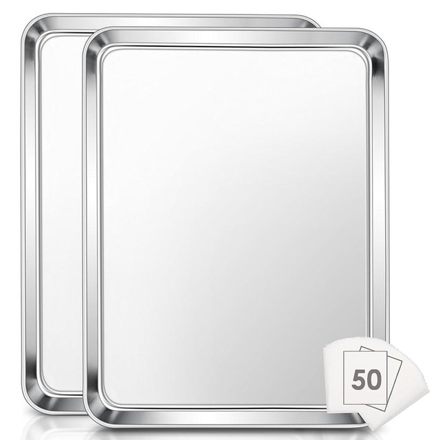 E-far Extra Large Baking Sheet, 20”x14” Stainless Steel Cookie Sheet Pan for Oven with 50 Parchment Paper, Rectangle Metal Baking Tray for Roasting, Rust Free & Heavy Duty, Dishwasher Safe-2 Pack