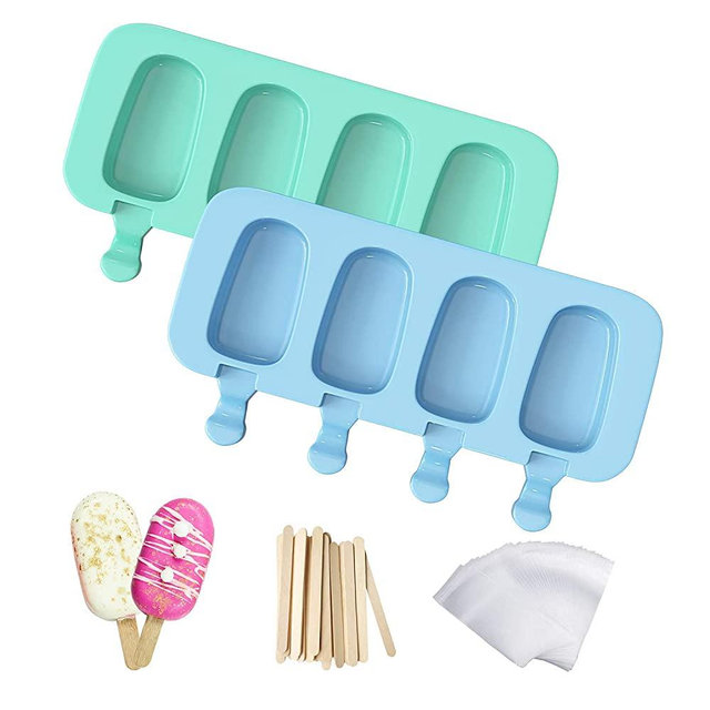 Ozera 2 Pack Popsicles Molds, 4 Cavities Homemade Cake Pop Mold Silicone Popsicle Molds, Reusable Cakesicle Molds Silicone, Ice Pop Molds for DIY Popsicles with 50 Wooden Sticks & 50 Popsicle Bags