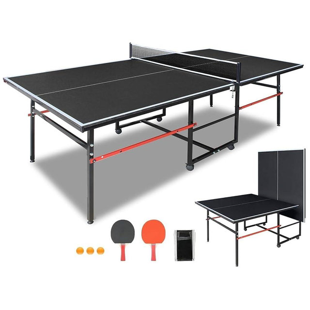 Professional Table Tennis Table, Foldable Ping Pong Game Set for Indoor, 8FT 9FT Single Player Playback Mode Ping Pong Table with Net and Post Set, 2 Paddles and 3 Balls