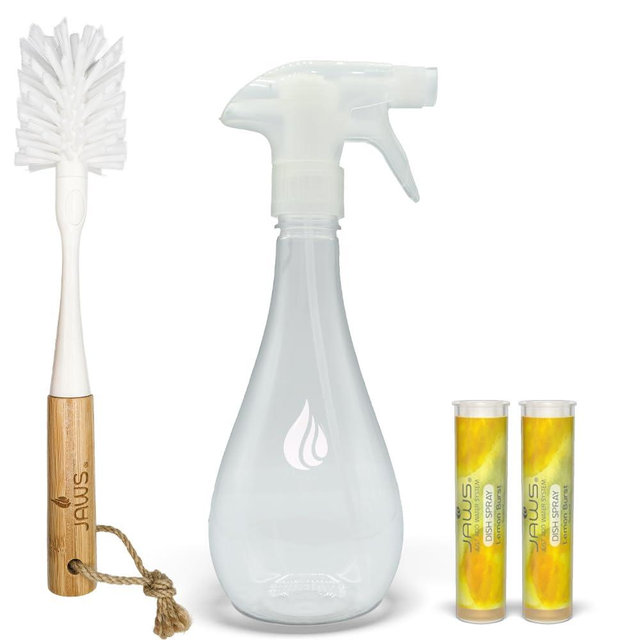 JAWS Dish Spray Cleaner Kit - 15 oz Refillable Bottle, 2 Lemon Scented Refills - Your Solution for Sparkling Dishes, Pots, Pans, Sinks, and Beyond!