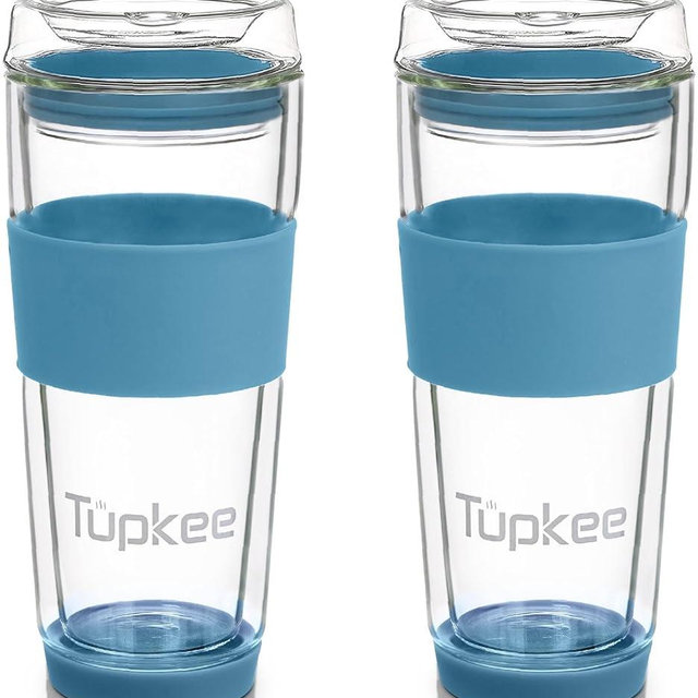 Tupkee Double Wall All Glass Tumbler - 14-Ounce, Reusable Insulated Tea/Coffee Mug & Lid, Hand Blown Glass Travel Mug - Niagara - 2 Pack