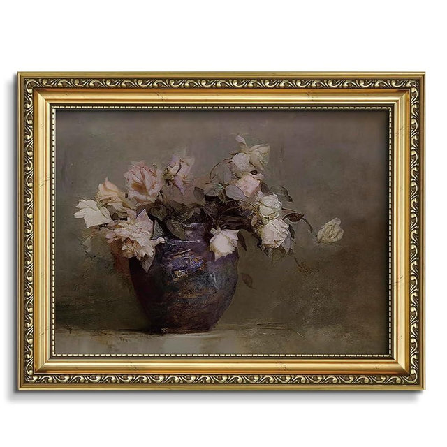AIMAILON Vintage Canvas Gold Wall Art Framed Decor for Living Room Office Classical Nature Theme Blooming Pink Flowers Home Decoration Retro Purple Vase Print Picture Artwork 8x10
