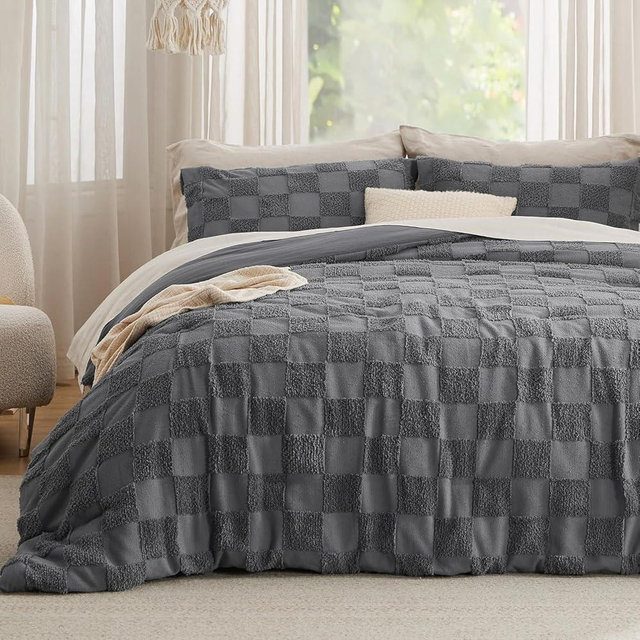 Bedsure Boho Kids Duvet Cover King Size（Duvet Insert/Comforter not Included - Checkered King Duvet Cover for All Seasons, Soft Shabby Chic Boho Bedding (Grey, 104" x 90")