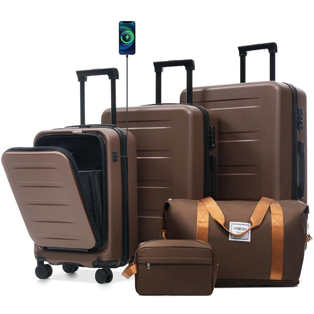 Merax Luggage Sets 5 Piece,Front Open Hardshell Expandable Suitcase with Spinner Wheels and Duffel Bags,Lightweight Carry on Luggage with USB Port,20/24/28IN,Brown