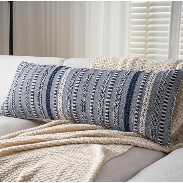 Cethom Boho Lumbar Pillow Covers 14x36 Long, Farmhouse Decorative Couch Pillow Cases, Navy Blue Accent Pillows of Bed, Sofa Bedroom Living Room Home Decor Cushion Cover, Pack of 1