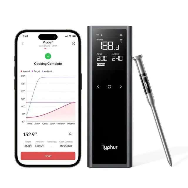 Typhur Sync One Pro Smart Wireless Meat Thermometer 3000 FT Sub-1G Enhanced Signal, WiFi Unlimited Range, 6 Sensor Probe for BBQ Grill, Smoker, Oven