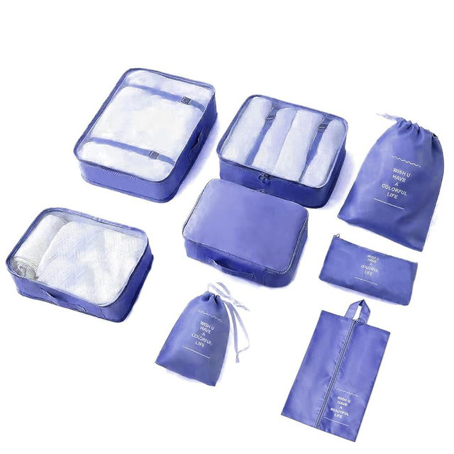 8 Pieces Mesh Packing Cubes for Travel, Luggage Packing Organizers Bags Set, Travel Essentials Suitcases Accessories with Laundry Bag, Storage Shoe Bag, Clothing Underwear Bag (Indigo, 8 set)