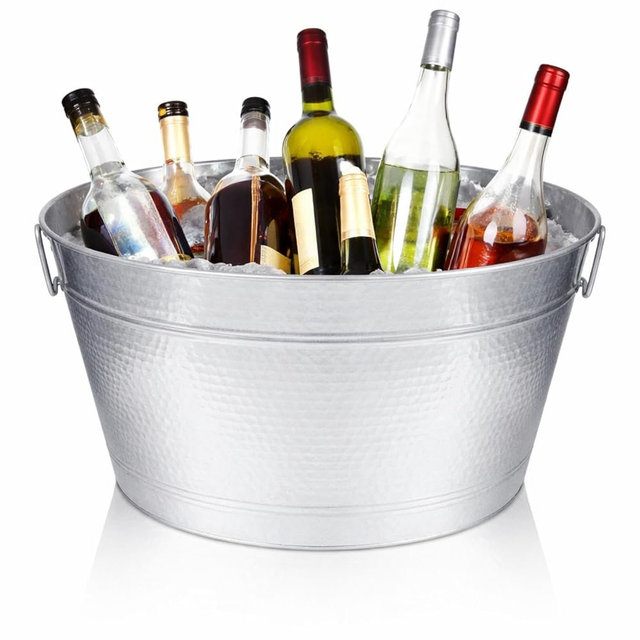 Uiifan 1 Pcs 24 Quart 6 Gallon Hammered Stainless Steel Beverage Tub Heavy Duty Metal Large Ice Bucket for Drinks Bucket Cooler Ice Container for Bar Wedding Parties (Oval,Silver)