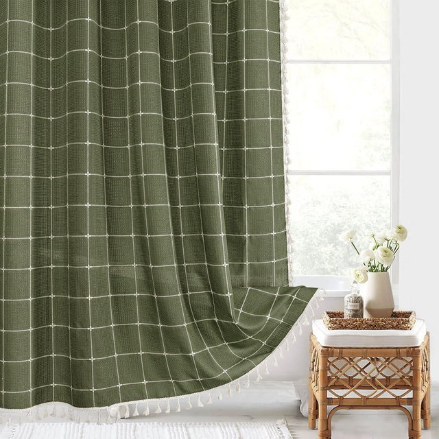 Gibelle Extra Long Shower Curtain 72 x 84, Tall Boho Farmhouse Tassel Shower Curtain, Rustic Country Aesthetic Waffle Chic Textured Bathroom Curtains Shower Set with Hooks, Green