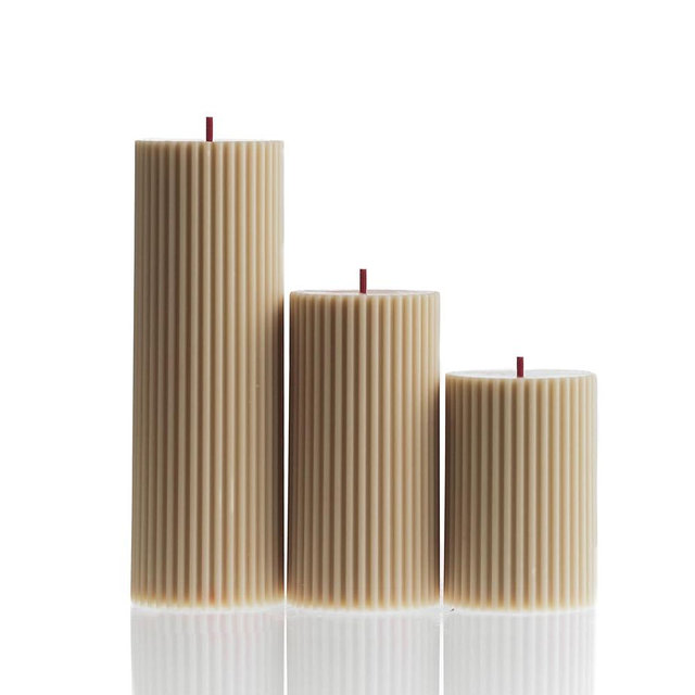 LAWA Roman Handmade Tall Ribbed Pillar Candle - Beautiful Scented Soy Wax Dinner Candle | Classic Aesthetic Decoration Set | Housewarming Gift | Home Room Shelf Decor Idea - Sandstone (Set of 3)
