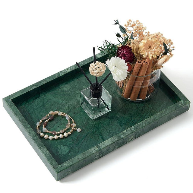 MULWR Green Marble Tray,Pure Natural Vanity Tray,Marble Trays for Kitchen Counter Non-Ceramic/Non-Resin,Stone Tray 12 x 8 inch