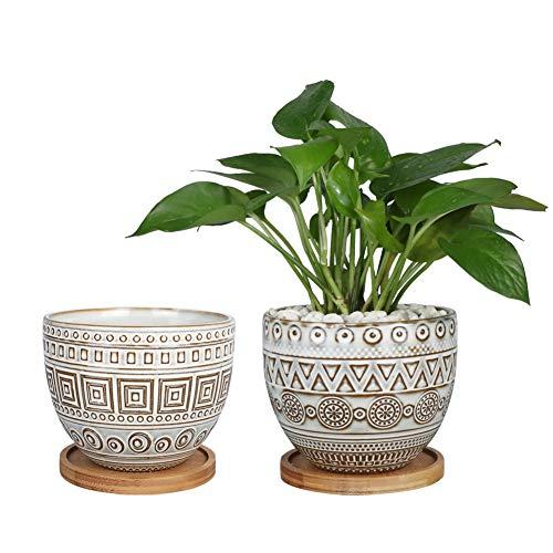 5.5in Geometry Ceramic Planter Large Round Succulent Planter Flower Pot Indoor and Outdoor Brown Set of 2