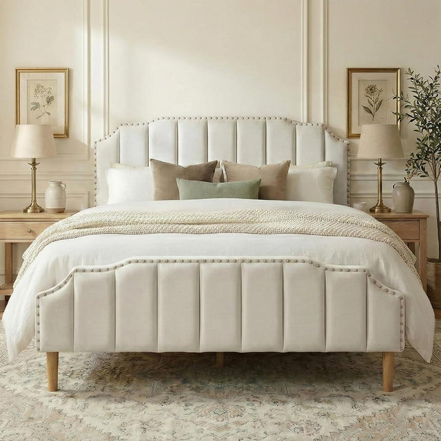 RIHHA Queen Bed Frame Cream White Velvet, 48.8" Tall Arched Headboard and Footboard Set, Luxury Platform Bed with Gold Nailhead Trim, 6.3" Clearance for Robot, Vertical Tufted, Ivory