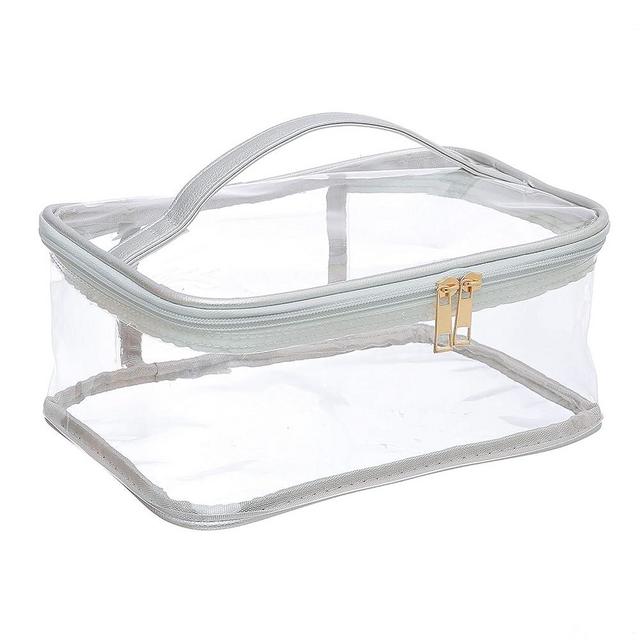 Large Cosmetic Bag for Women / Clear, See-Through Makeup, Hair & Nail Accessories Pouch for Travel or Home / Transparent PVC Plastic Organizer, Spacious Interior, Handle & Double Zippers (Silver)