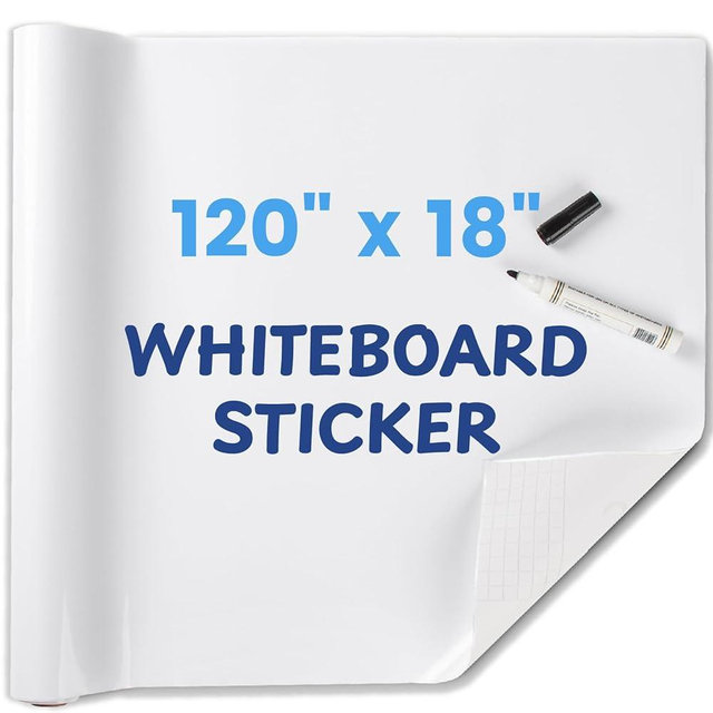 Whiteboard Sticker for Wall, 120" x 18" No Ghosting Peel and Stick Dry Erase White Board Roll, Stain-Proof Self-Adhesive Whiteboard Paper for Home, Office, Classroom, Included Marker