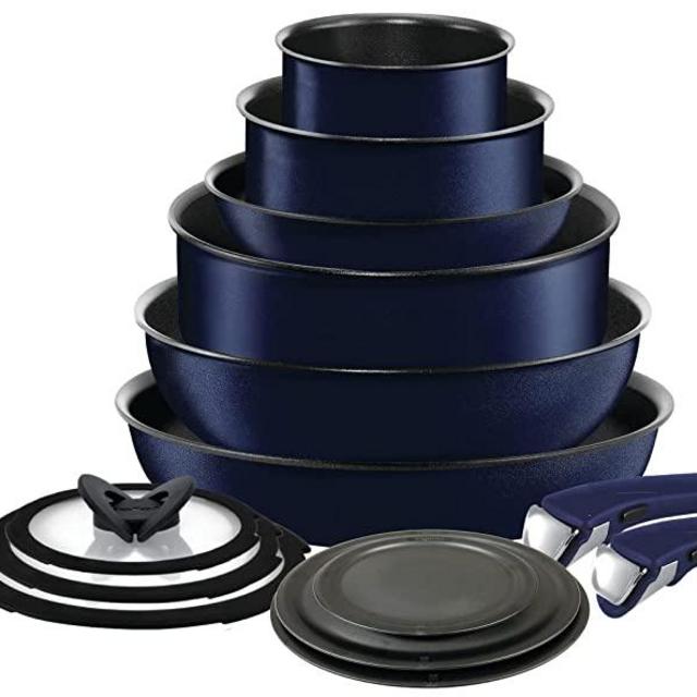 T-fal Ingenio Nonstick Cookware Set 14 Piece Induction Stackable, Removable Handle Pots and Pans, Dishwasher Safe Blue