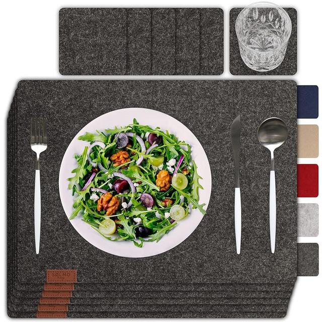 Sølmo Premium Felt Placemats Set of 6 Gray Washable, Placemat 16x13 inch Wipeable, Felt Coasters Place Mats Coasters Plates + Glass Coasters, Suitable for Wooden Tables, Dark Stone.