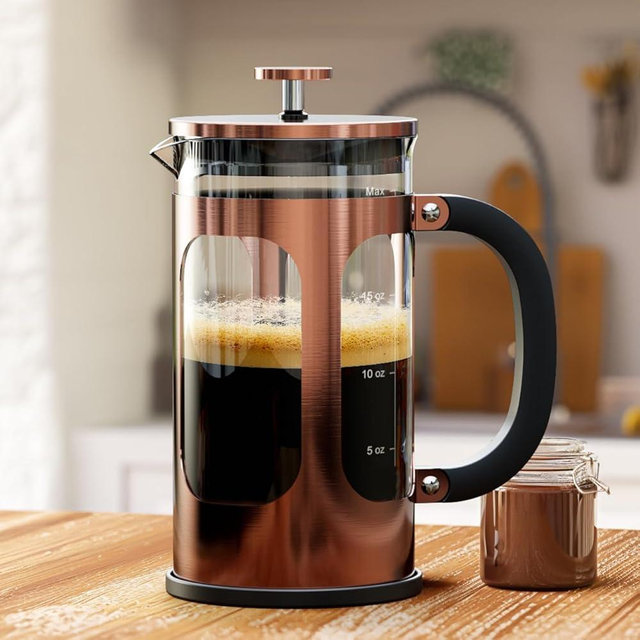 Veken French Press Coffee Maker 21oz 0.6 L, Single Serve Small Pot, Heat Resistant Thickened Borosilicate Glass, Stainless Steel Brewer, Cold Brew Cafetera Teapot for Kitchen Travel Camping, Copper