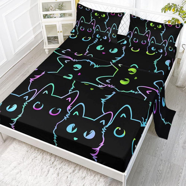 Axolotl Kids Bedding Cartoon Cat Sheet Set Queen Size,Gradient Line Cute Cat Bedding Set,4Pcs Kawaii Cat Bed Sets with 1 Fitted Sheet 1 Flat Sheet 2 Pillowcases for Kids Boys Girls Adults Teens,Black