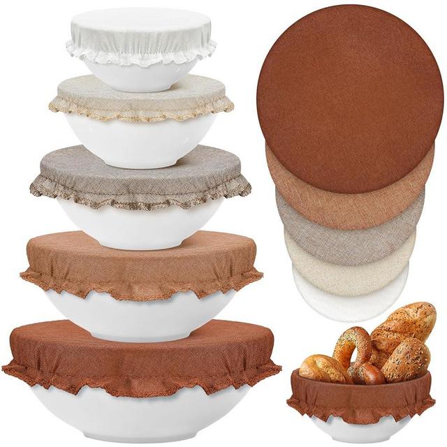 Patelai 10 Pieces Bowl Covers Reusable in 5 Size Stretch Cloth Fabric Bowl Covers Elastic Food Storage Covers Cotton Bread Bowl Covers Reusable Lids for Food, Fruits, Leftover (Earth Tone Style)