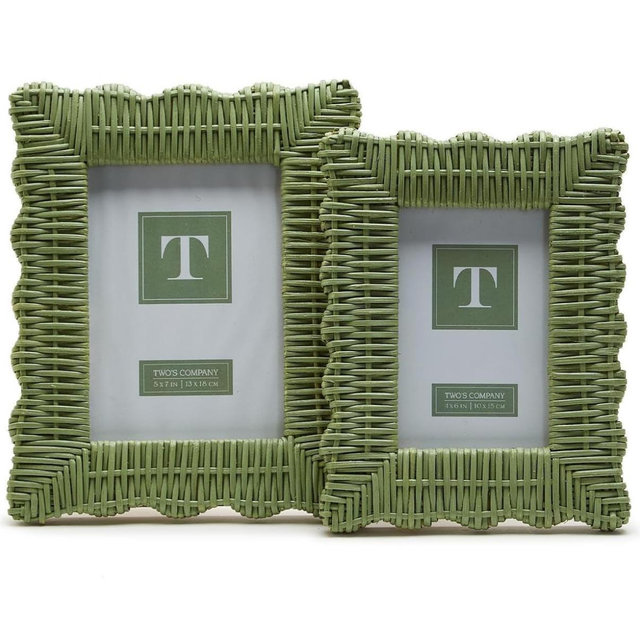 Two's Company Set of 2 Rattan Photo Frames, Includes 4x6 and 5x7 Inch Sizes, Artisan Crafted, Home Decor Accessories (Green Wicker Weave)