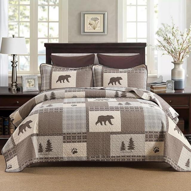 QuiltEase Cabin Plaid Quilt Queen Size - Queen Quilt Set, 100% Cotton Queen Quilt Bedding Set Bedspreads, Lightweight Bear Forest Tree Bear Claw Mark Patchwork Comforter Set, Gray/Browm, 3 Pieces