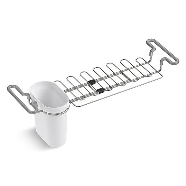 KOHLER Multi-Purpose Over-the-Sink Drying Rack, Caddy with Kitchen Towel Bar Holder, Soaking Cup. Expandable 14.6" to 17.6", Stainless Steel, White
