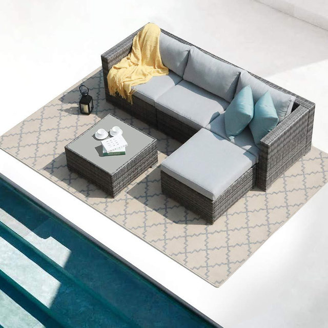 Patiorama 5 Piece Outdoor Patio Furniture Set, Outdoor Sectional Conversation Set, All-Weather Grey PE Wicker w/Light Grey Cushions, Outdoor Backyard Porch Garden Poolside Balcony Furniture Set
