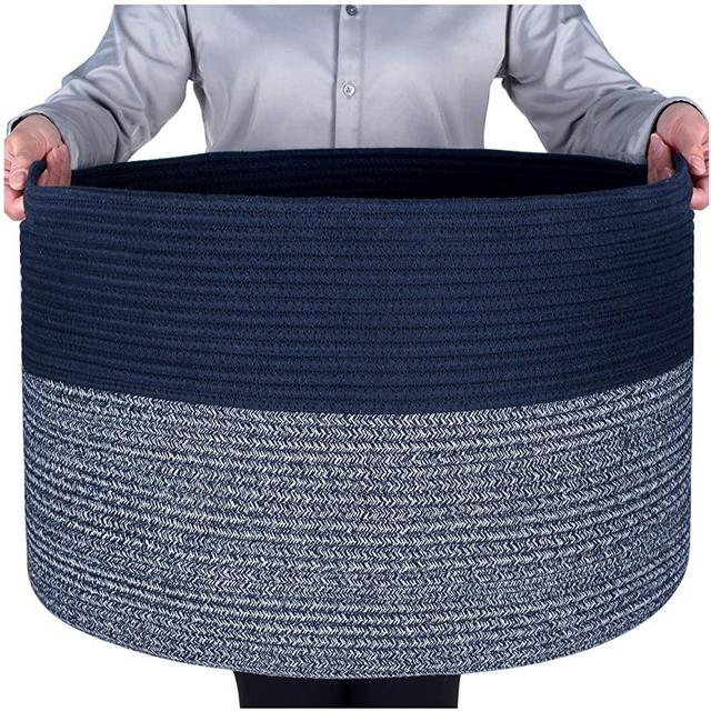 MINTWOOD Design Extra Large 22 x 14 Inches Blanket Storage Basket, Laundry Basket, Decorative Woven Cotton Rope Baskets for Blanket Storage Living Room, Toy Storage Basket Bin, Navy Blue