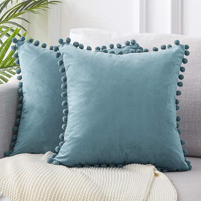 Top Finel Decorative Euro Throw Pillow Covers for Couch Bed Soft Particles Velvet Solid Cushion Covers with Pom-poms 26 x 26 Inch 65 x 65 cm, Pack of 2, Pale Blue
