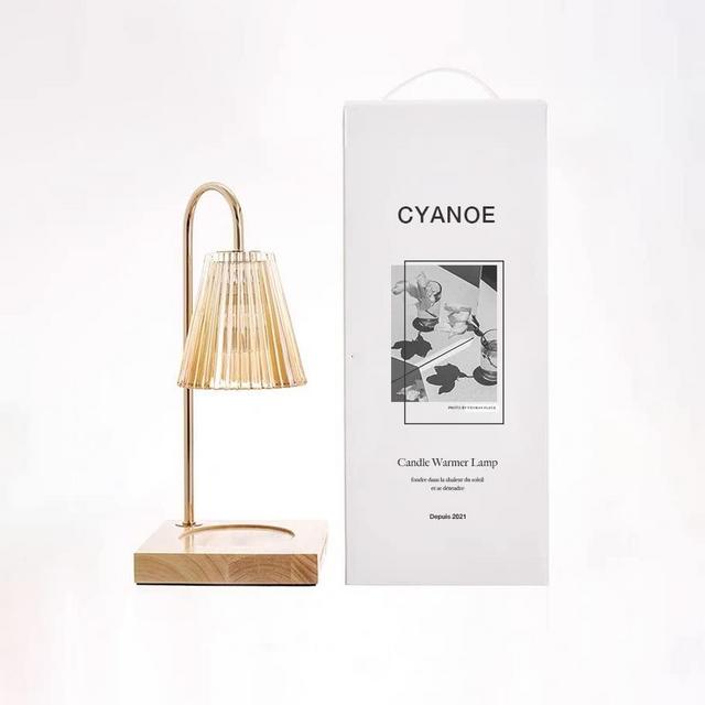 Cyanoe Candle Warmer Lamp with 2 Bulbs, Compatible with Small/ Large Jar Candles, Electric Candle Melting Lamp with Wood Base, Vintage Glass Shade and Adjustable Dimmer, Amber