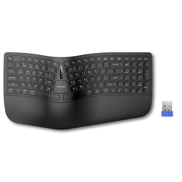 TECKNET Wireless Ergonomic Keyboard, 2.4G+Bluetooth Ergo Cordless USB Computer Keyboard, Wrist Rest, Natural Typing, Stain-Resistant Fabric, Compatible for Windows Computer Desktop Laptop, Black