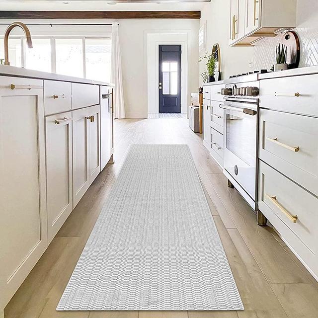 Upgraded Boho Runner Rug 2'x8', Grey Hallway Runner, Light Grey, 100% Woven Cotton Washable Gray Indoor Outdoor Rug Runner for Kitchen/Laundry Room/Doorway/Bedroom