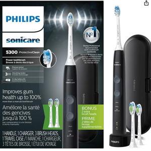 Philips Sonicare ProtectiveClean 5300 Rechargeable Electric Toothbrush, with Pressure Sensor, 3 Cleaning Modes, SmarTimer and QuadPacer, with 2 Bonus Brush Heads, Travel Case, Black, Model HX6423/34