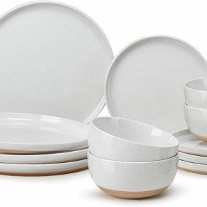12 Pieces Farmhouse Stoneware Dinnerware Sets, Speckled Ceramic Plates and Bowls Set, Matte Terracotta Underside Ceramic Dishes Set for 4, Scratch Resistant Microwave & Dishwasher Safe (Daylight)