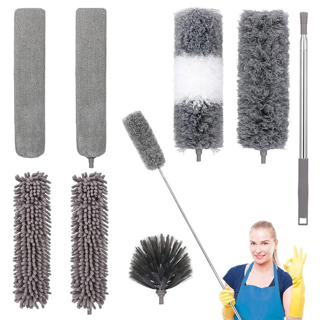 Ceiling Fan Dusters for Cleaning,8 Pcs Kit Reusable Microfibre Duster for High Ceilings,Duster with Extension Pole for Cleaning Walls Cobweb Bookshelves Furniture Car Door Window Top