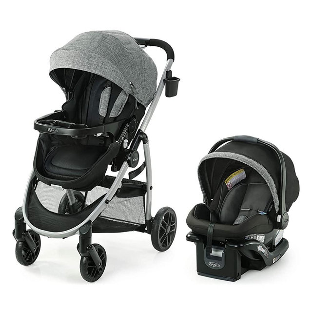 Graco Modes Pramette Travel System | Includes Baby Stroller with True Bassinet Mode, Reversible Seat, One Hand Fold, Extra Storage, Child Tray and SnugRide® 35 Infant Car Seat, Ellington