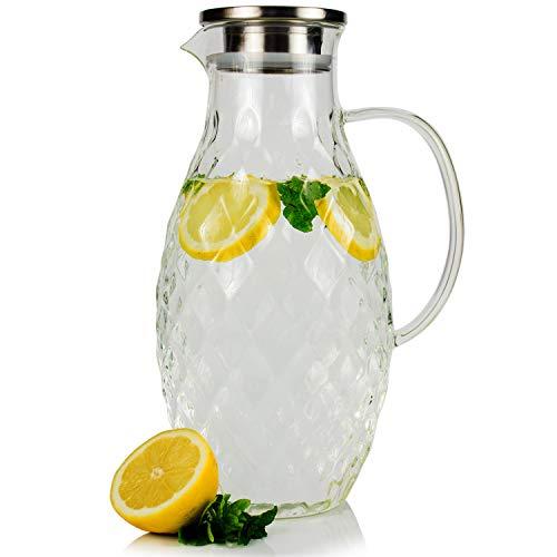 Large Glass Pitcher with Lid and Spout - 100 Ounces Big Cold and Hot Water Carafe with Unique Thick Glass Diamond Pattern, Beverage and Water Pitcher for Homemade Iced Tea and Juice.